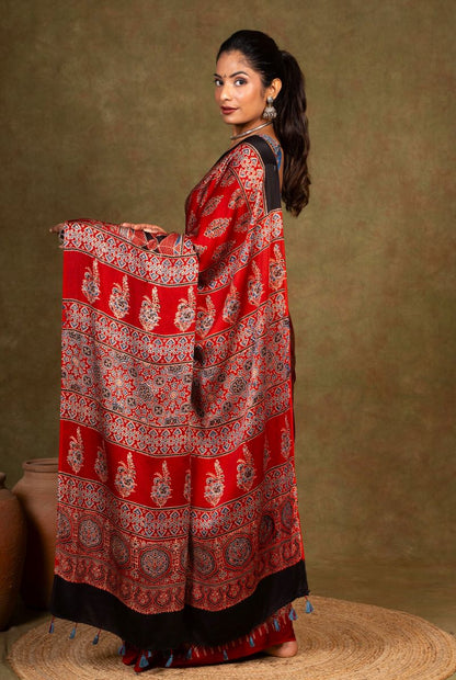 Red Flora Rombii Ajrakh Modal Silk Saree