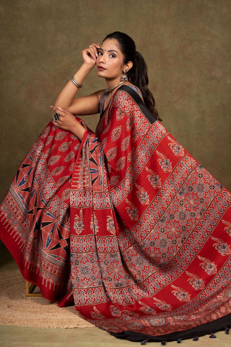 Red Flora Rombii Ajrakh Modal Silk Saree