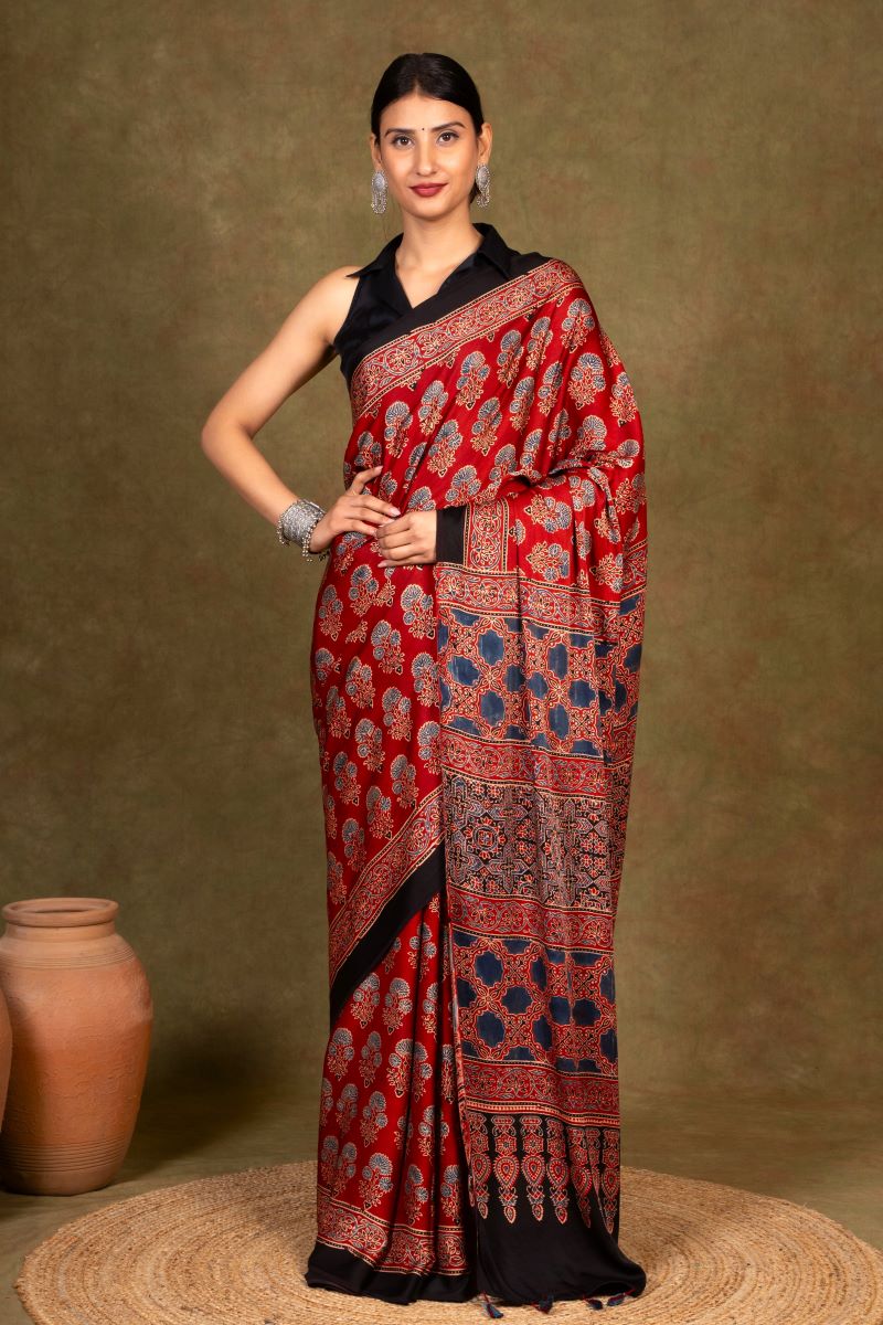 Red Flora Minkundi Ajrakh Modal Silk Saree