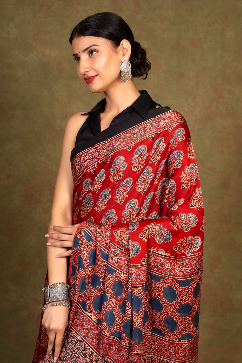 Red Flora Minkundi Ajrakh Modal Silk Saree