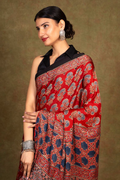 Red Flora Minkundi Ajrakh Modal Silk Saree