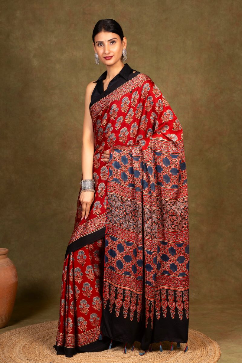 Red Flora Minkundi Ajrakh Modal Silk Saree