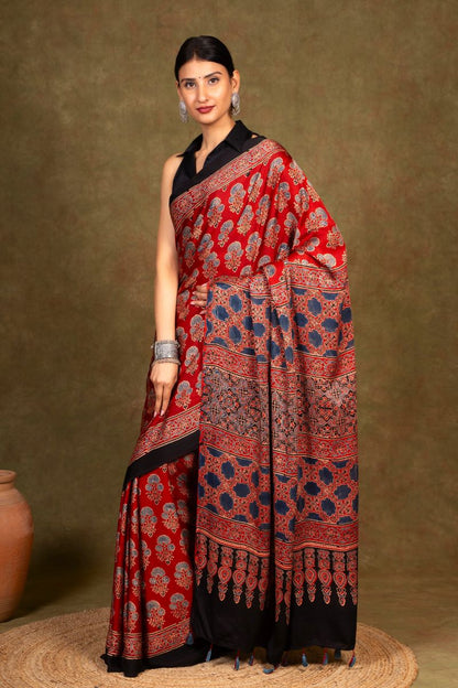 Red Flora Minkundi Ajrakh Modal Silk Saree
