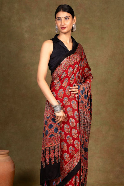 Red Flora Minkundi Ajrakh Modal Silk Saree