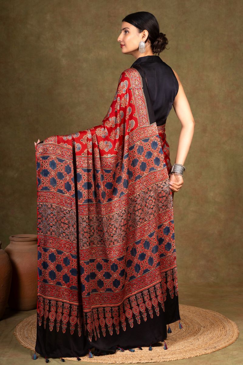 Red Flora Minkundi Ajrakh Modal Silk Saree
