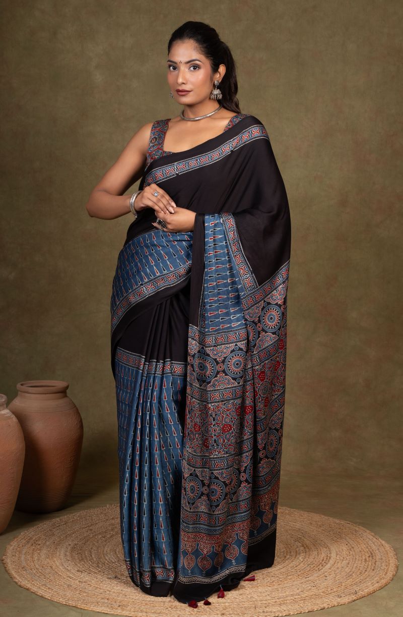 Black By Blue Tikon Ajrakh Modal Silk Saree