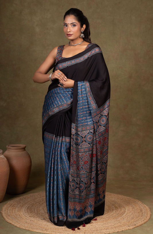 Black By Blue Tikon Ajrakh Modal Silk Saree