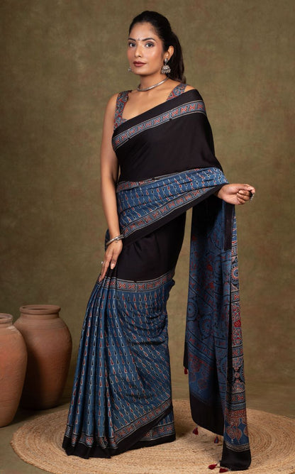 Black By Blue Tikon Ajrakh Modal Silk Saree