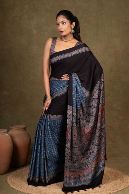 Black By Blue Tikon Ajrakh Modal Silk Saree