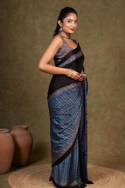 Black By Blue Tikon Ajrakh Modal Silk Saree