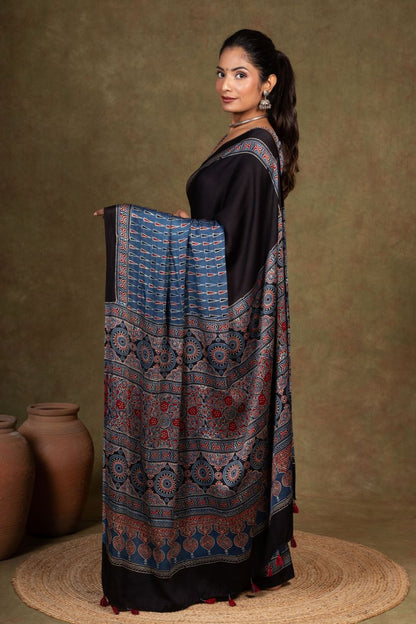 Black By Blue Tikon Ajrakh Modal Silk Saree