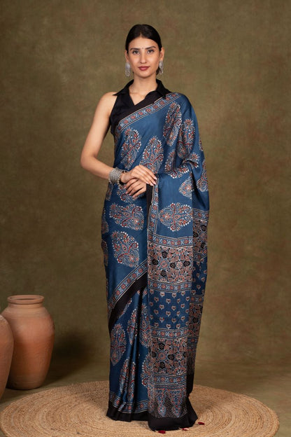Indigo Ooid Floral Ajrakh Modal Silk Saree