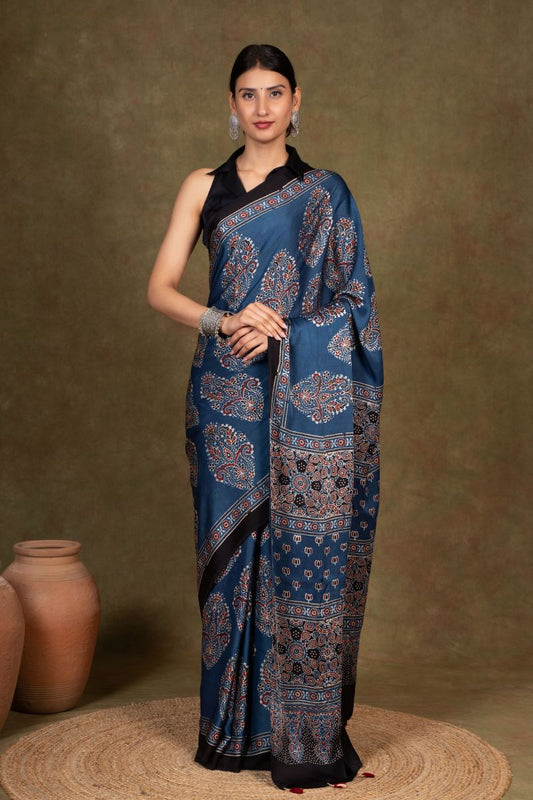 Indigo Ooid Floral Ajrakh Modal Silk Saree