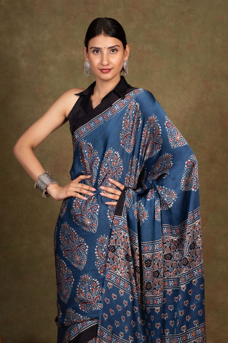 Indigo Ooid Floral Ajrakh Modal Silk Saree