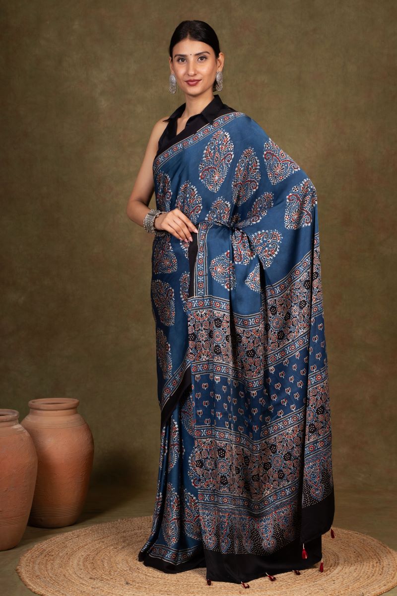 Indigo Ooid Floral Ajrakh Modal Silk Saree