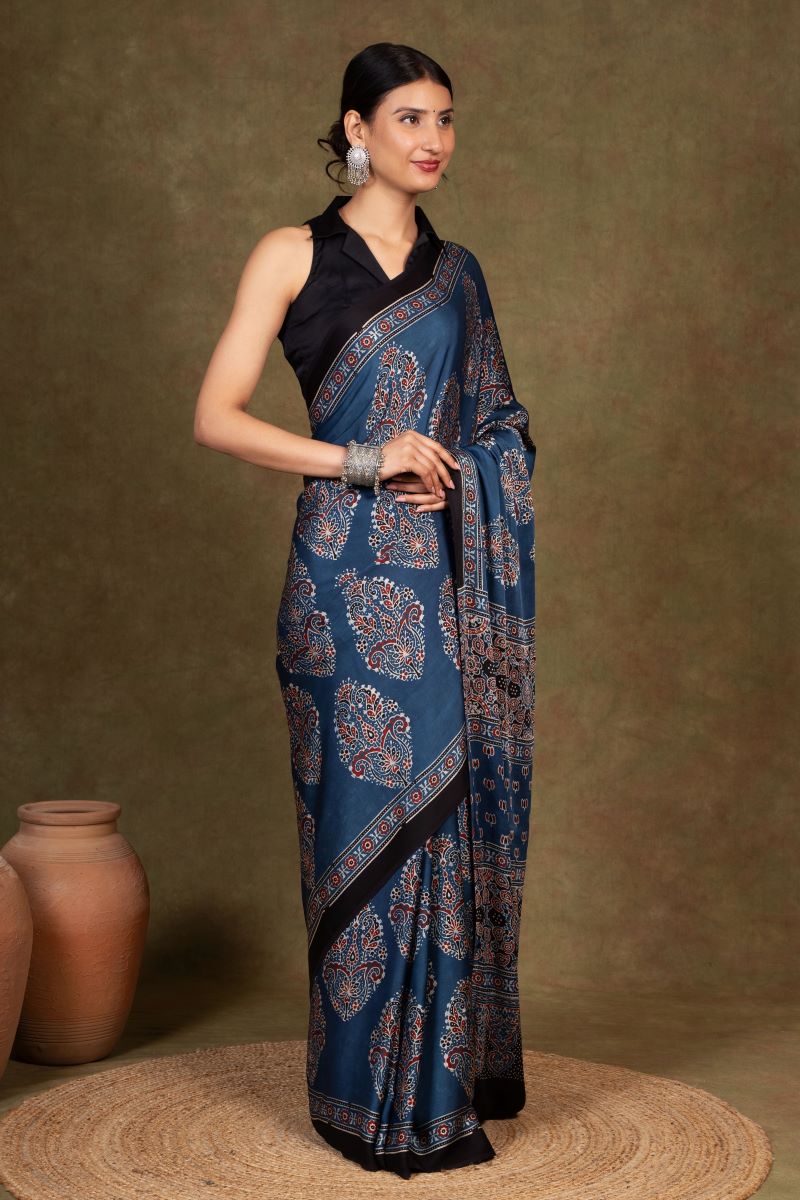 Indigo Ooid Floral Ajrakh Modal Silk Saree