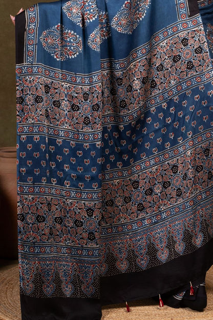 Indigo Ooid Floral Ajrakh Modal Silk Saree