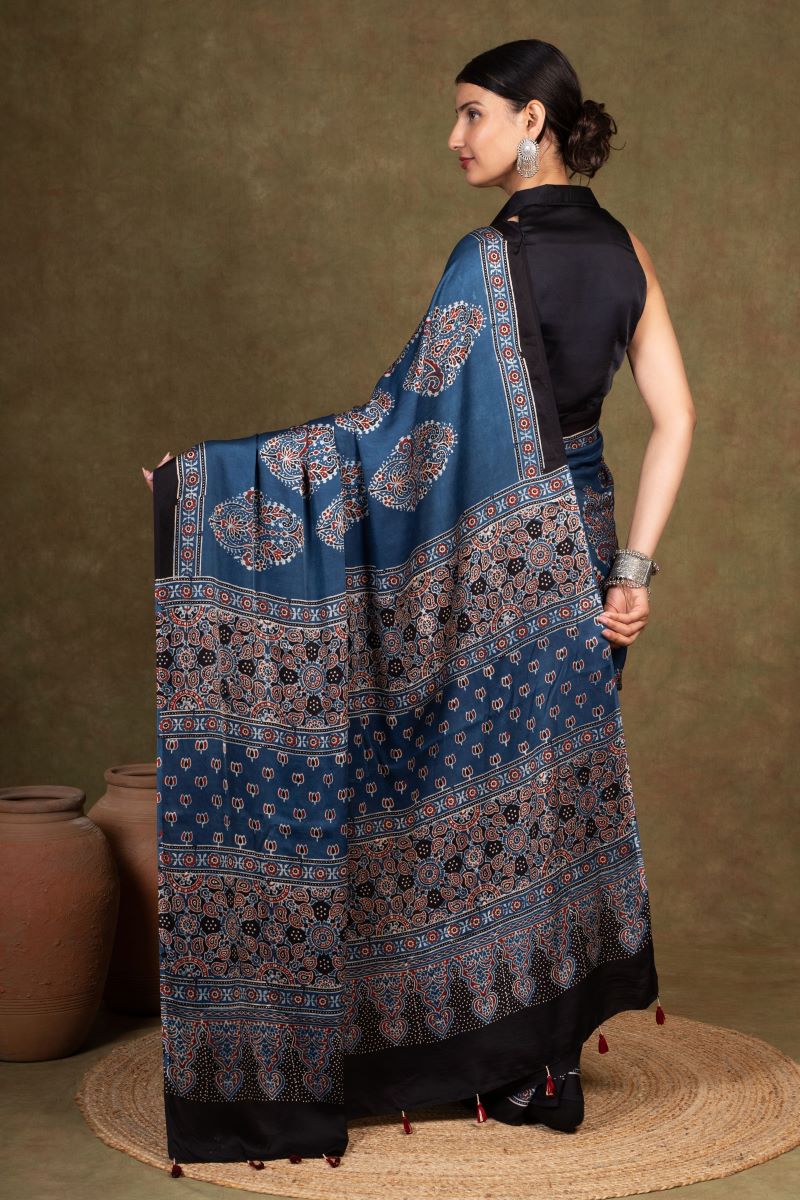 Indigo Ooid Floral Ajrakh Modal Silk Saree