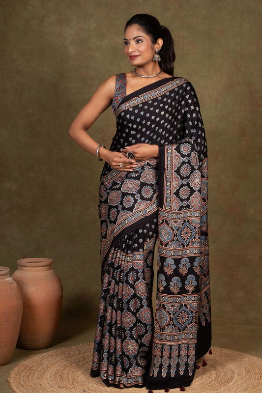 Black Buti by Riyal Ajrakh Modal Silk Saree