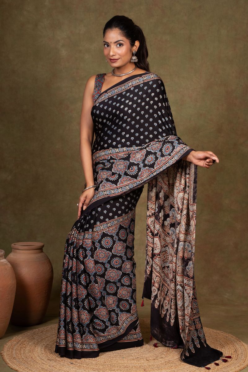 Black Buti by Riyal Ajrakh Modal Silk Saree