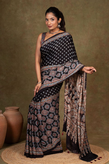 Black Buti by Riyal Ajrakh Modal Silk Saree