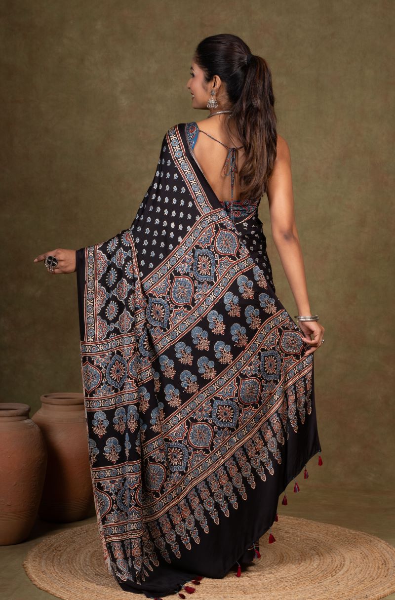 Black Buti by Riyal Ajrakh Modal Silk Saree