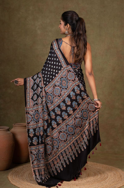 Black Buti by Riyal Ajrakh Modal Silk Saree