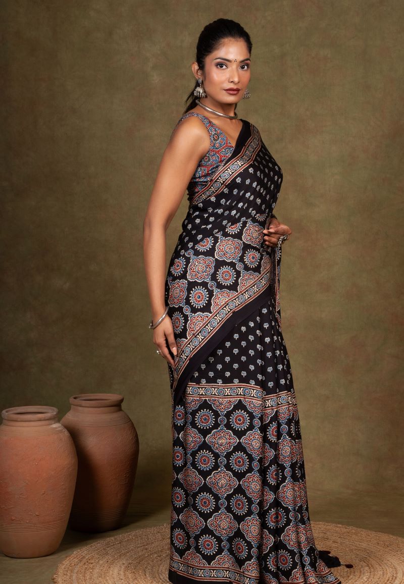 Black Buti by Riyal Ajrakh Modal Silk Saree
