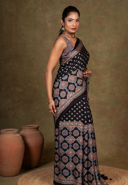 Black Buti by Riyal Ajrakh Modal Silk Saree