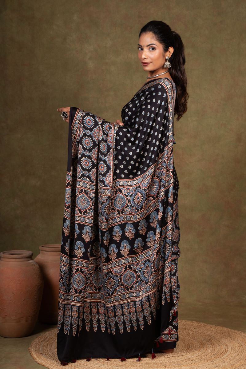 Black Buti by Riyal Ajrakh Modal Silk Saree