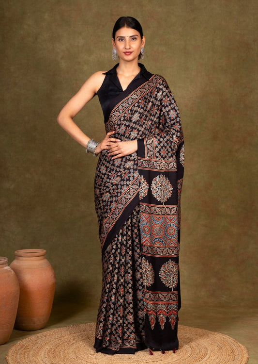 Black Starry Ajrakh Modal Silk Saree