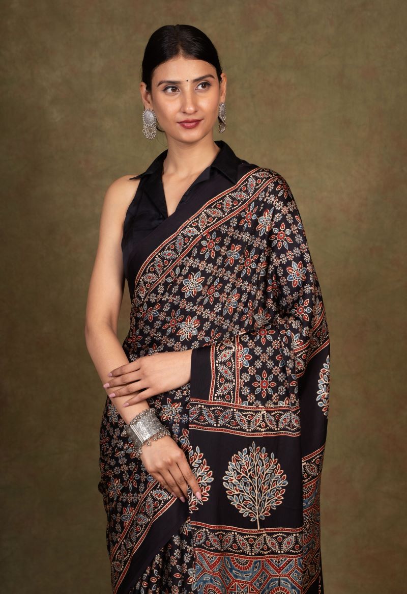 Black Starry Ajrakh Modal Silk Saree