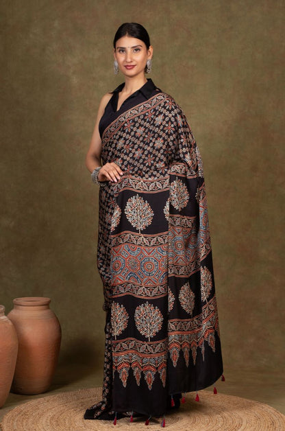 Black Starry Ajrakh Modal Silk Saree
