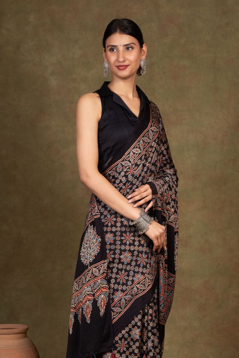 Black Starry Ajrakh Modal Silk Saree