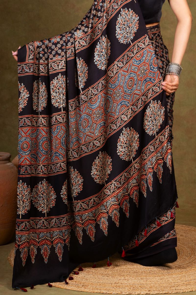 Black Starry Ajrakh Modal Silk Saree