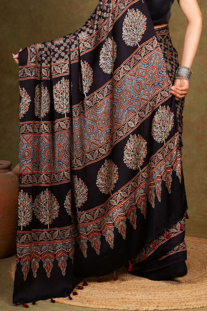 Black Starry Ajrakh Modal Silk Saree