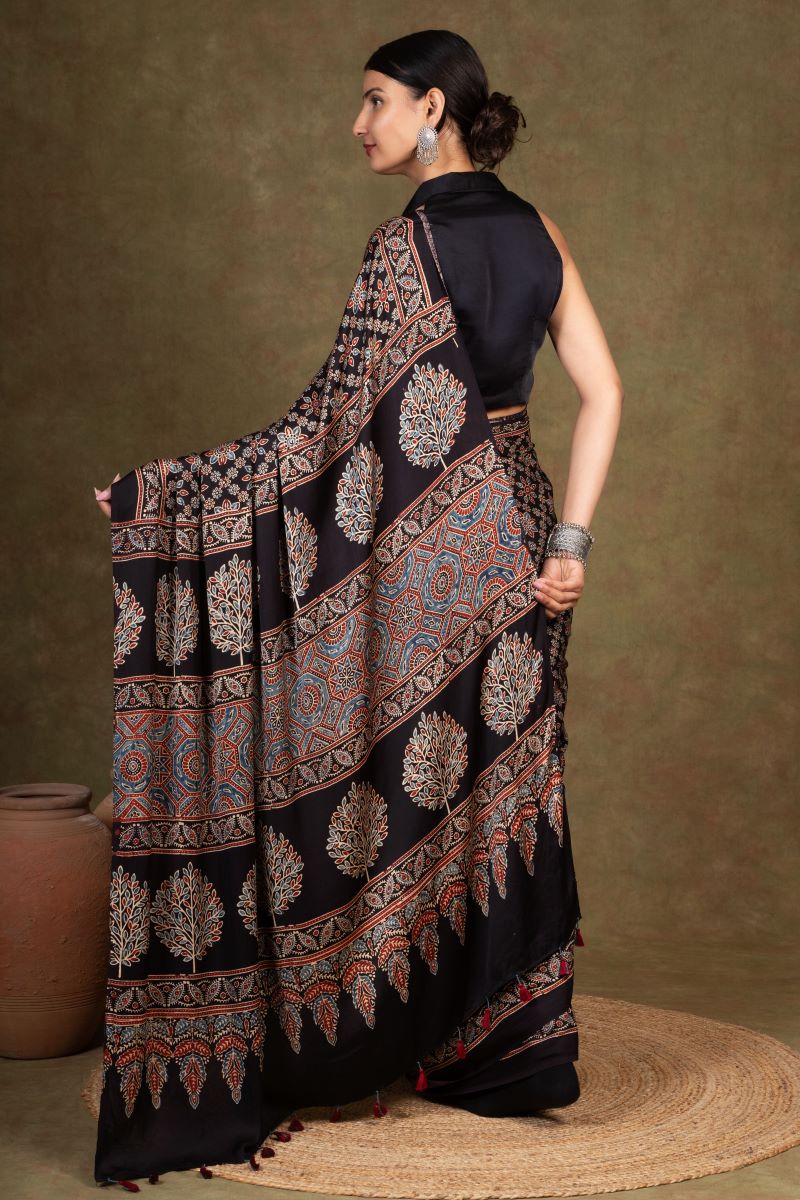 Black Starry Ajrakh Modal Silk Saree