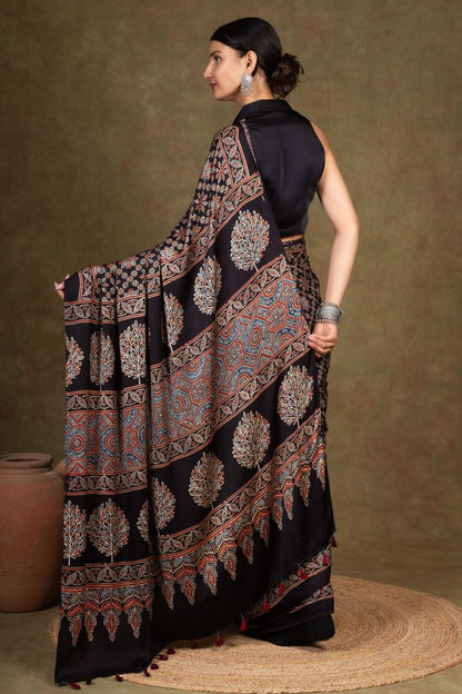Black Starry Ajrakh Modal Silk Saree