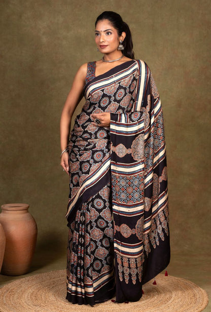 Black Riyal Ajrakh Modal Silk Saree