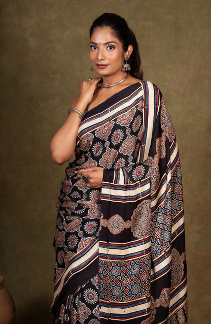 Black Riyal Ajrakh Modal Silk Saree