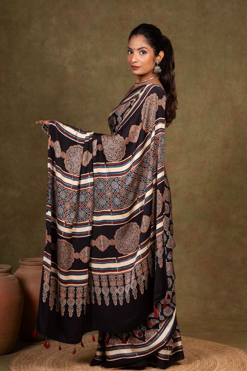 Black Riyal Ajrakh Modal Silk Saree