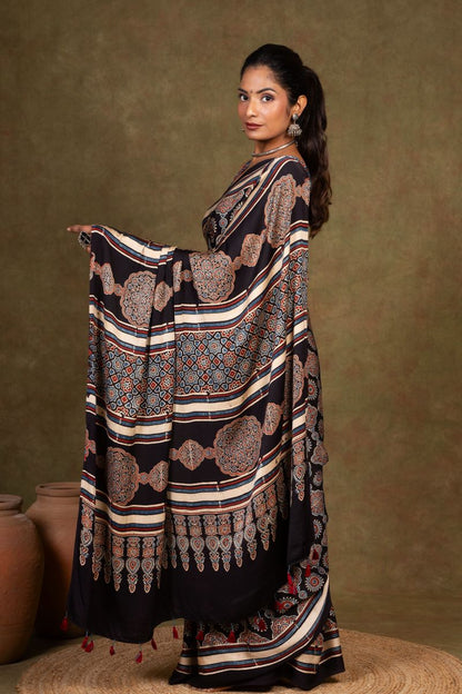 Black Riyal Ajrakh Modal Silk Saree