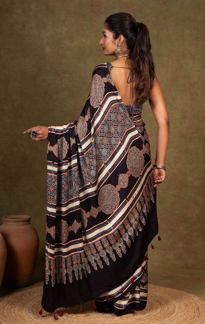 Black Riyal Ajrakh Modal Silk Saree