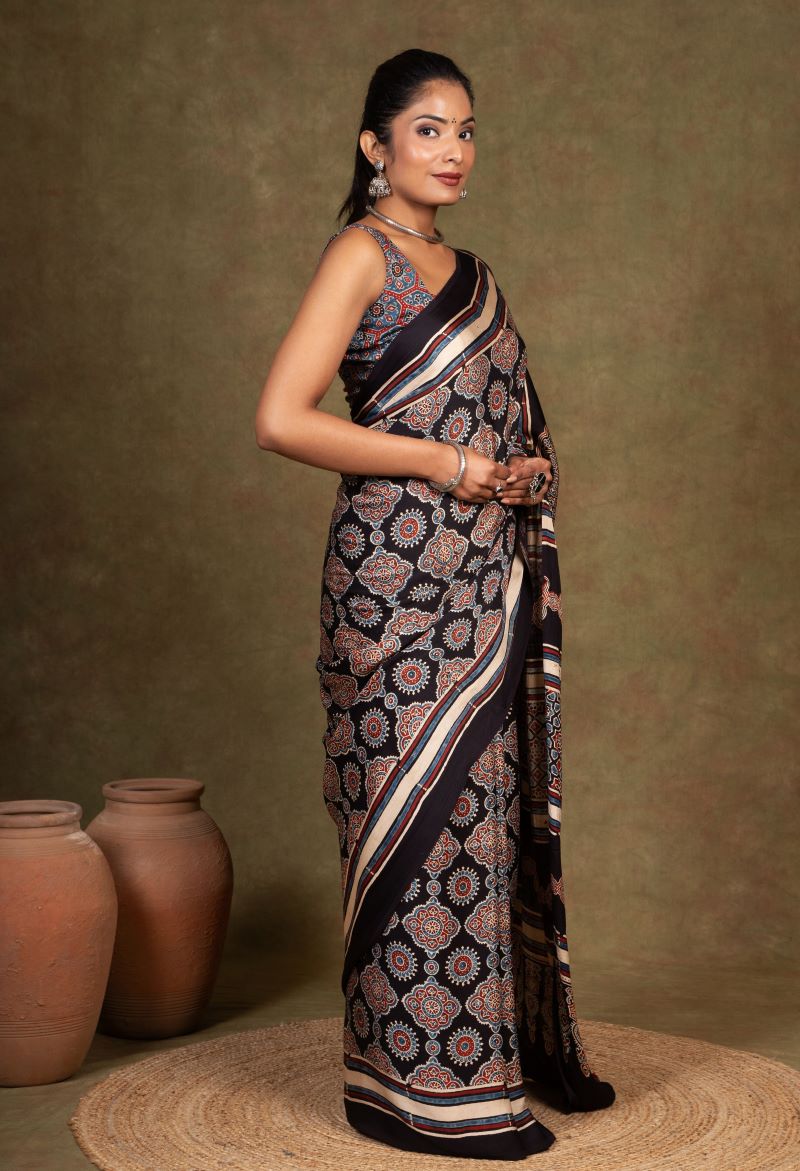 Black Riyal Ajrakh Modal Silk Saree