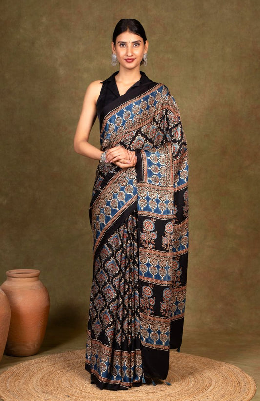 Black Beetal Ajrakh Modal Silk Saree