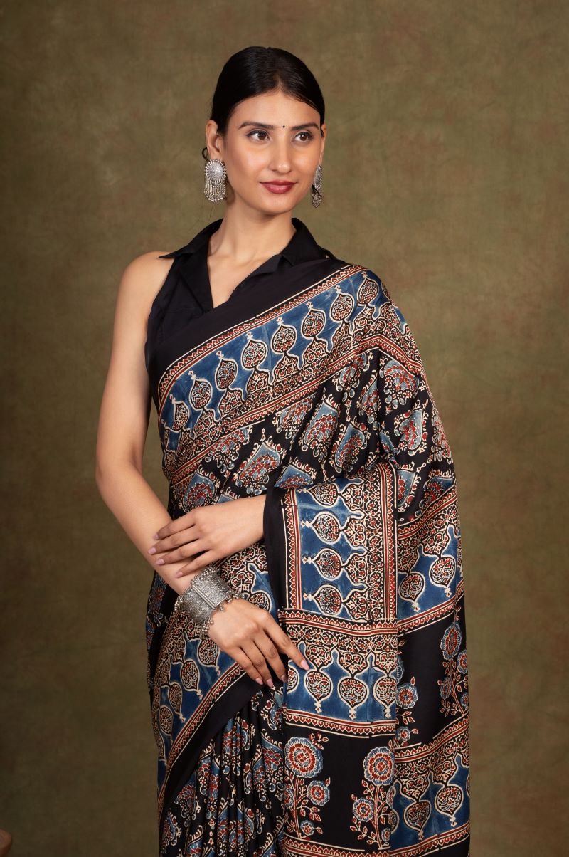 Black Beetal Ajrakh Modal Silk Saree