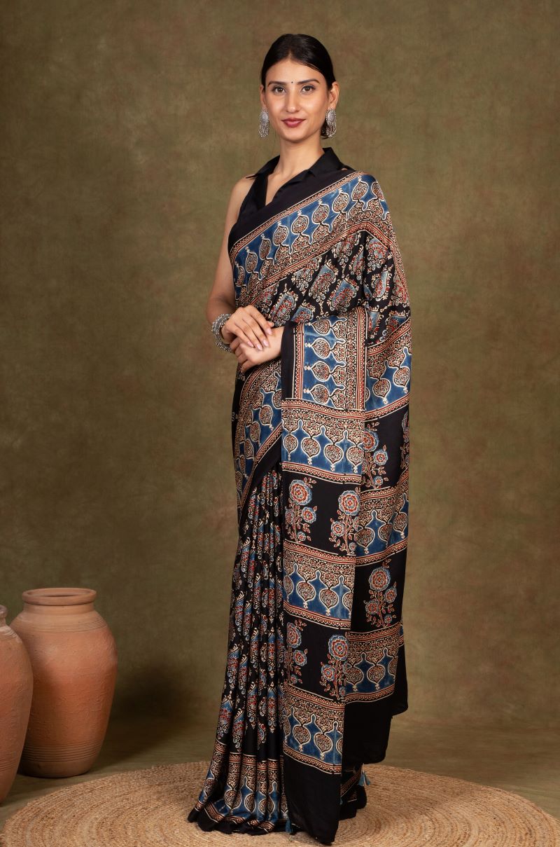 Black Beetal Ajrakh Modal Silk Saree