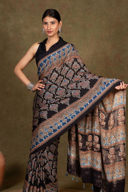 Black Beetal Ajrakh Modal Silk Saree