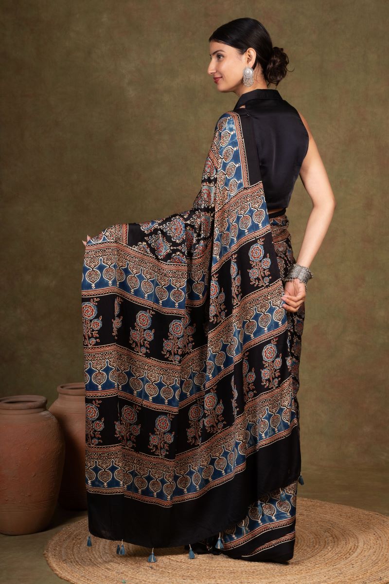 Black Beetal Ajrakh Modal Silk Saree