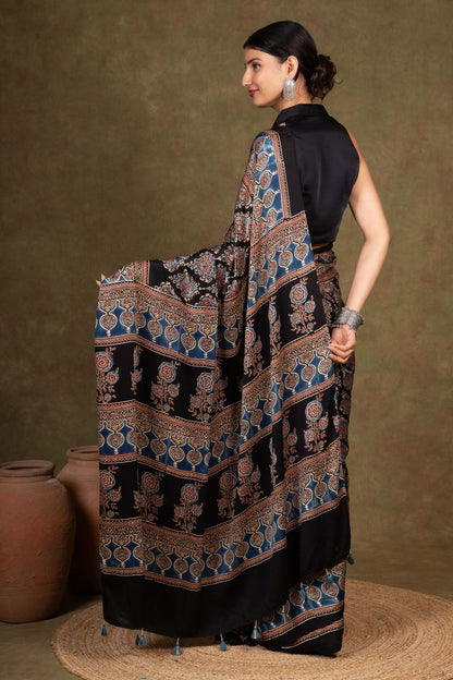 Black Beetal Ajrakh Modal Silk Saree